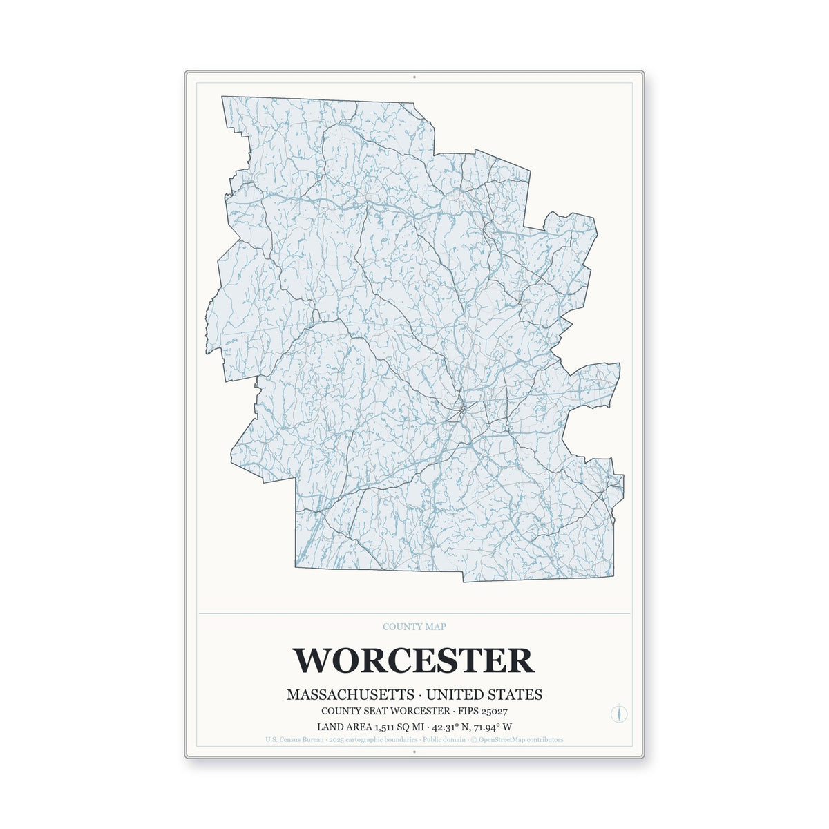 Worcester County, Massachusetts Map Aluminum Sign in Gallery Air style