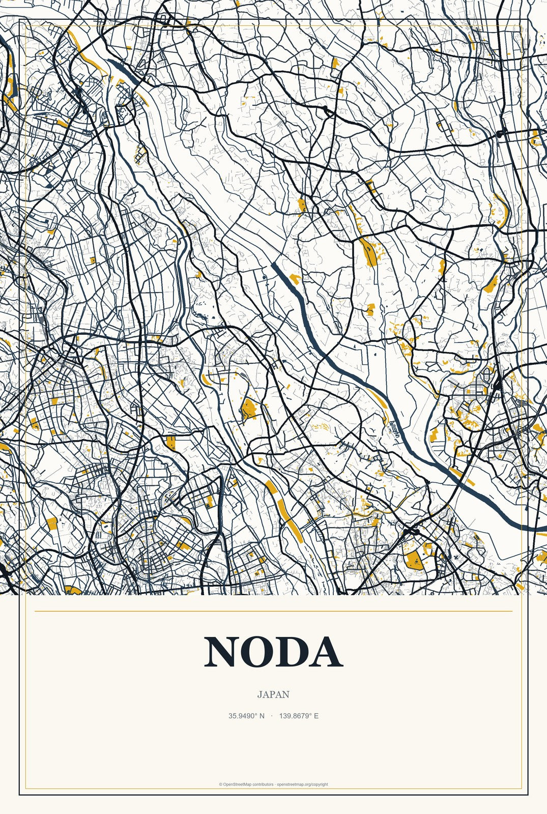 Noda, Japan City Map Aluminum Sign in Citrine Modern style