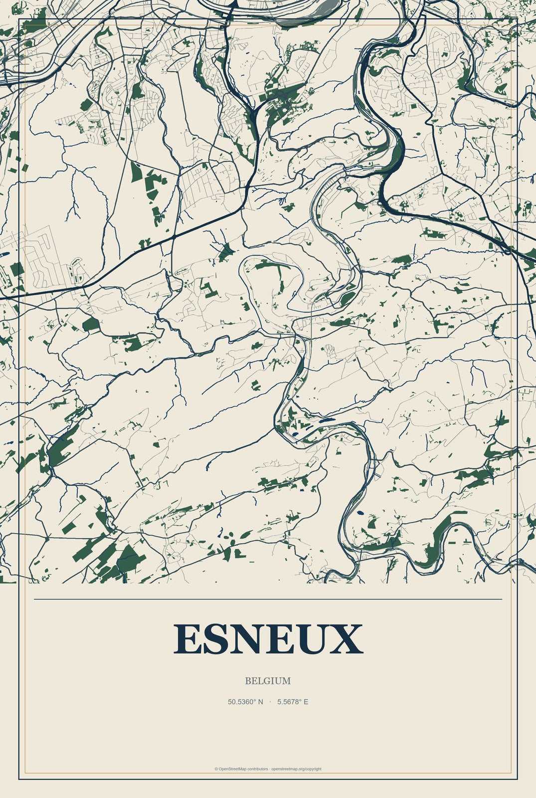 Esneux, Belgium City Map Aluminum Sign in Coastal Cutout style