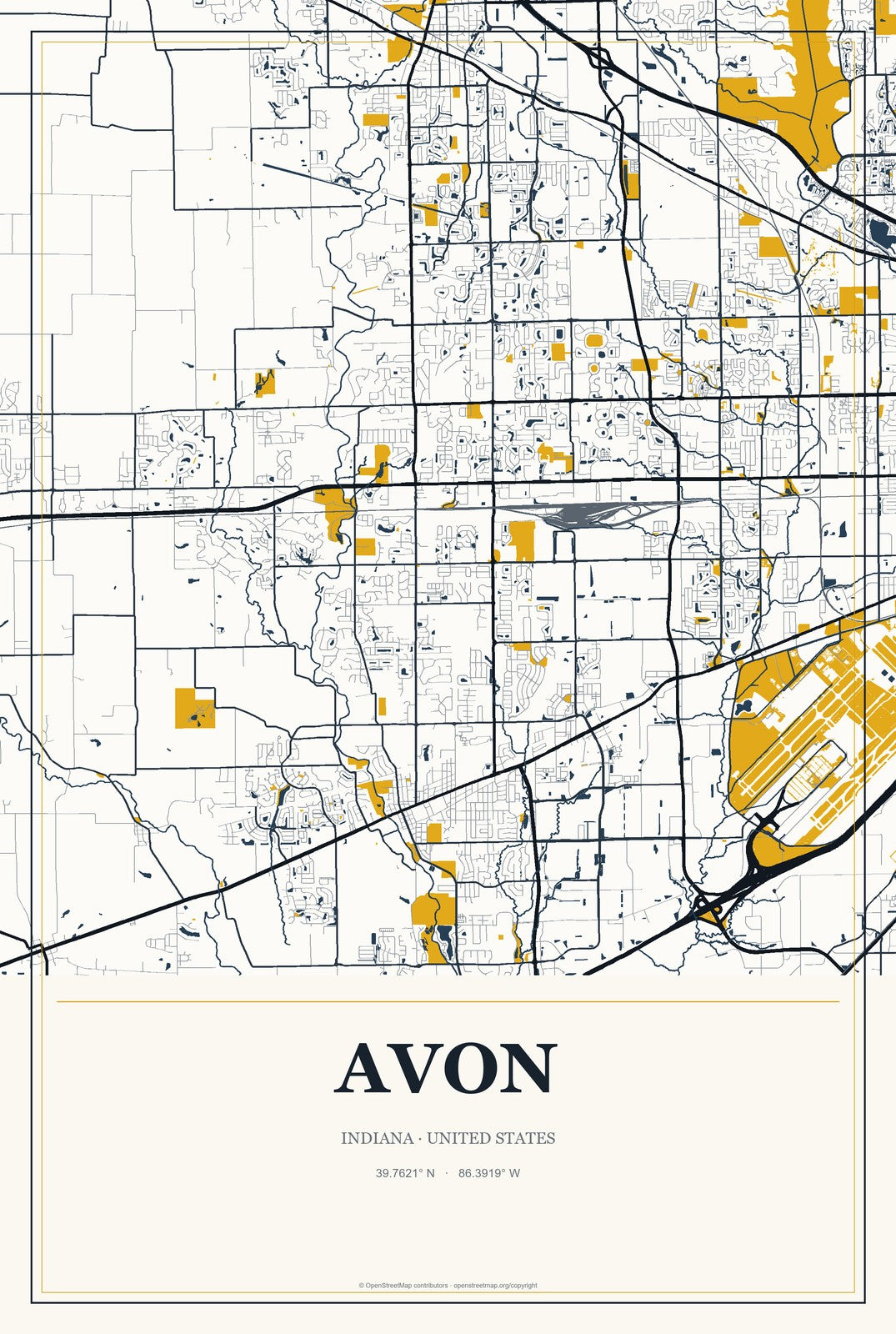 Avon, Indiana City Map Aluminum Sign in Citrine Modern style