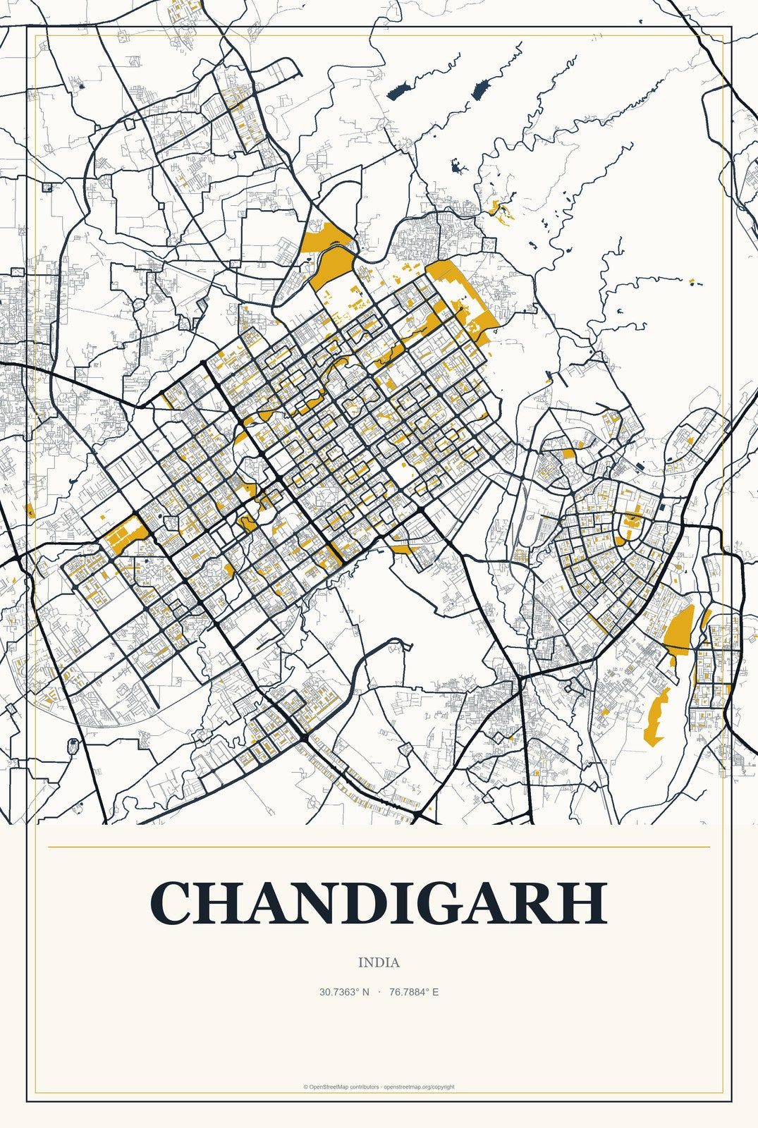 Chandigarh, India City Map Aluminum Sign in Citrine Modern style