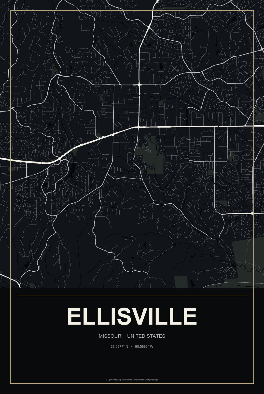 Ellisville, Missouri City Map Aluminum Sign in Metropolitan Noir style