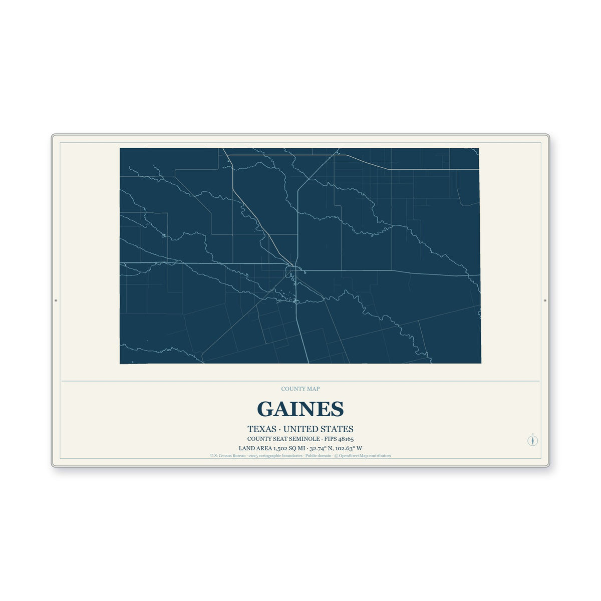 Gaines County, Texas Map Aluminum Sign in Coastal Cutout style