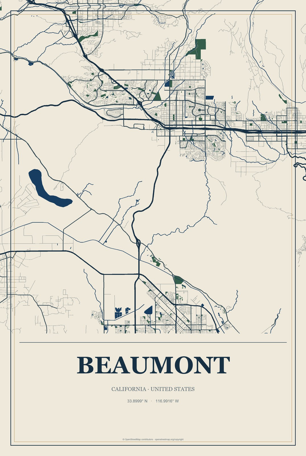 Beaumont, California City Map Aluminum Sign in Coastal Cutout style