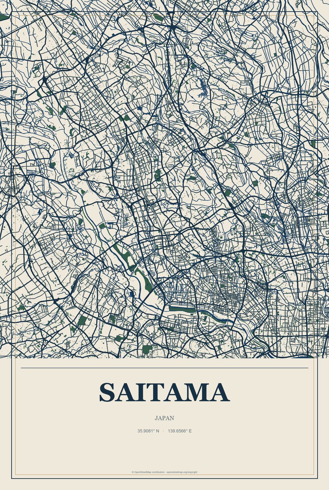 Saitama, Japan City Map Aluminum Sign in Coastal Cutout style