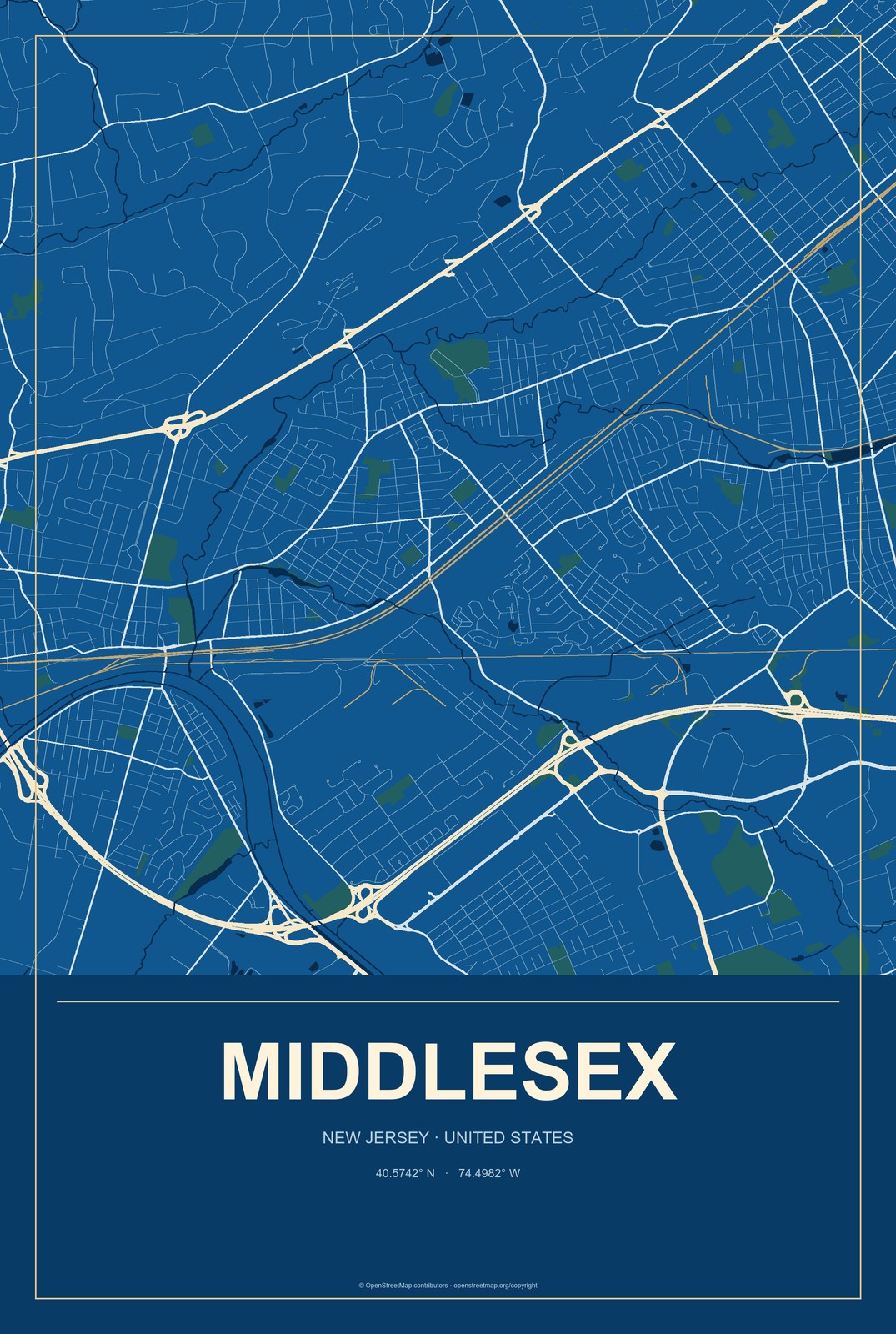 Middlesex, New Jersey City Map Aluminum Sign in Harbor Cobalt style