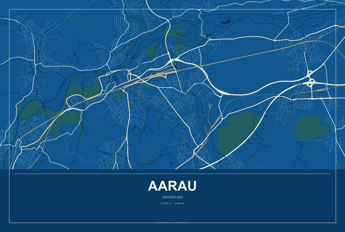 Aarau, Switzerland City Map Aluminum Sign in Harbor Cobalt style