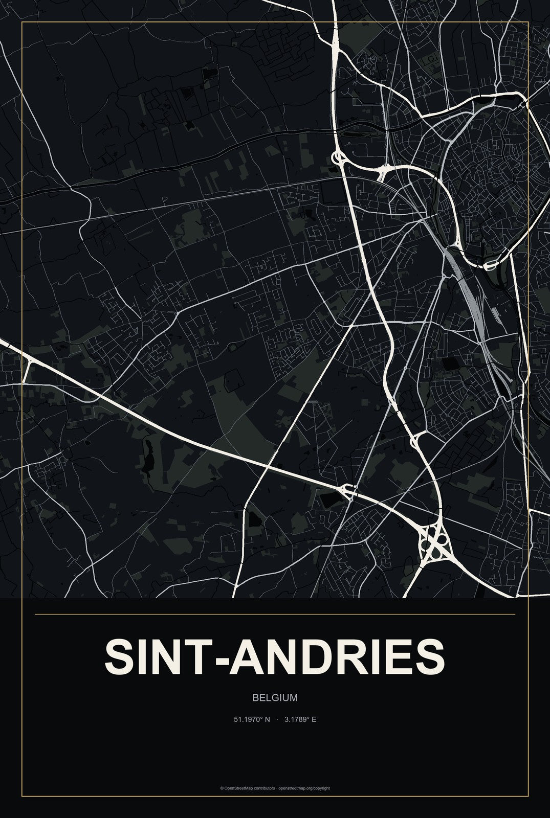 Sint-Andries, Belgium City Map Aluminum Sign in Metropolitan Noir style