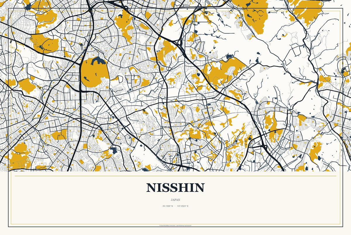 Nisshin, Japan City Map Aluminum Sign in Citrine Modern style