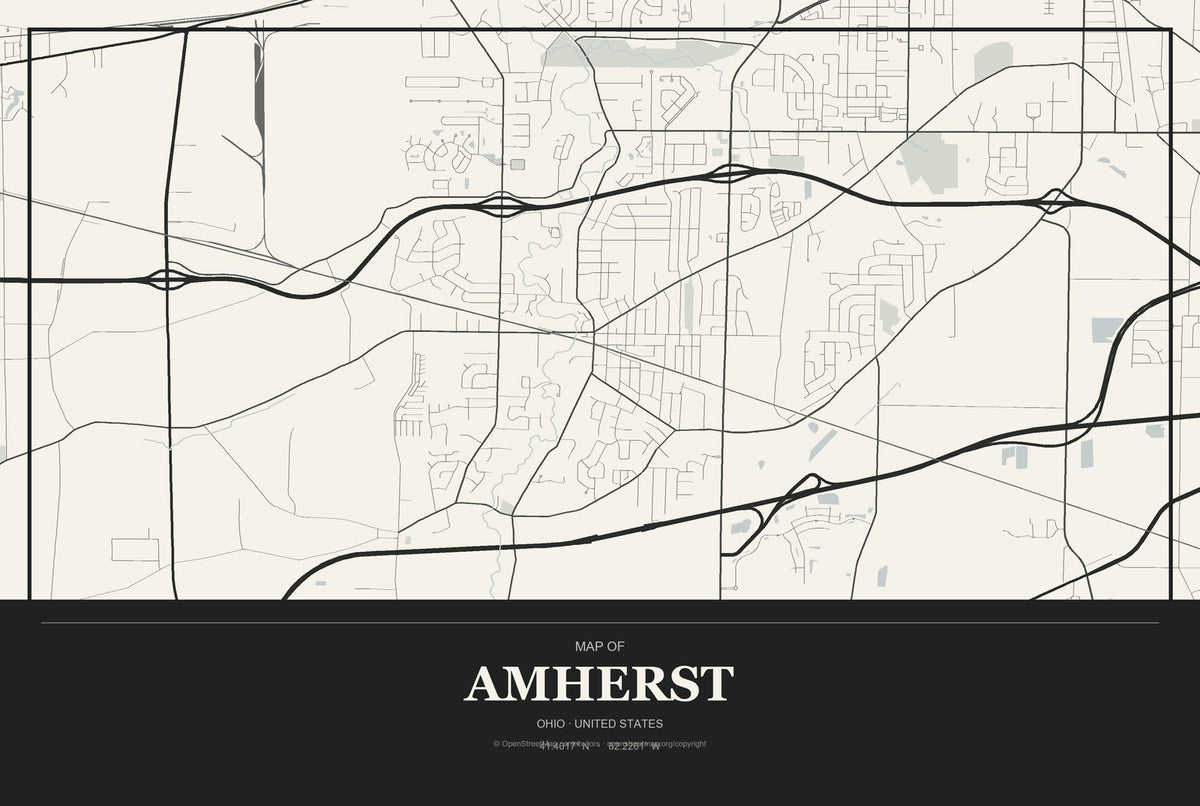 Amherst, Ohio City Map Aluminum Sign in Museum Plaque style