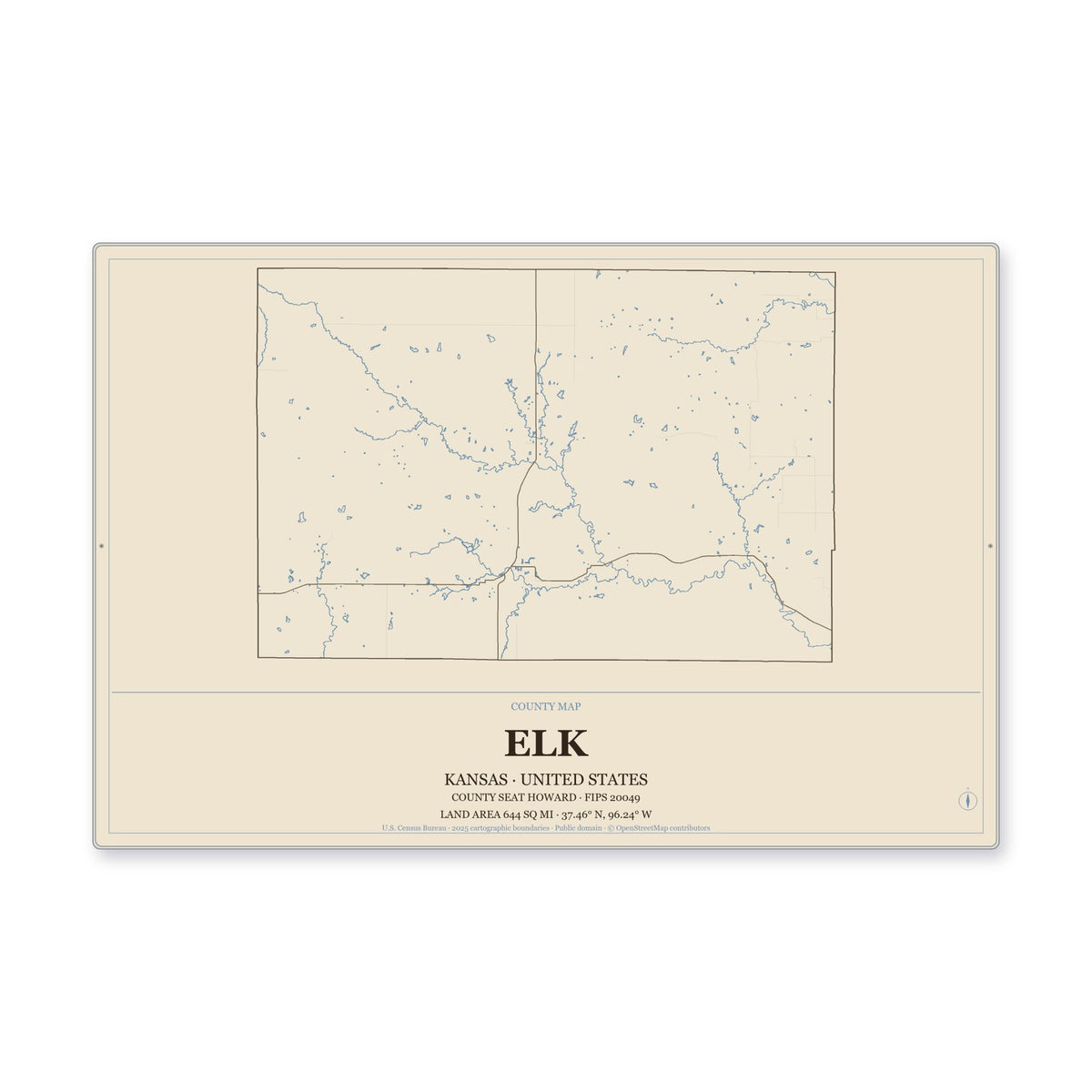 Elk County, Kansas Map Aluminum Sign in Heritage Nautical style