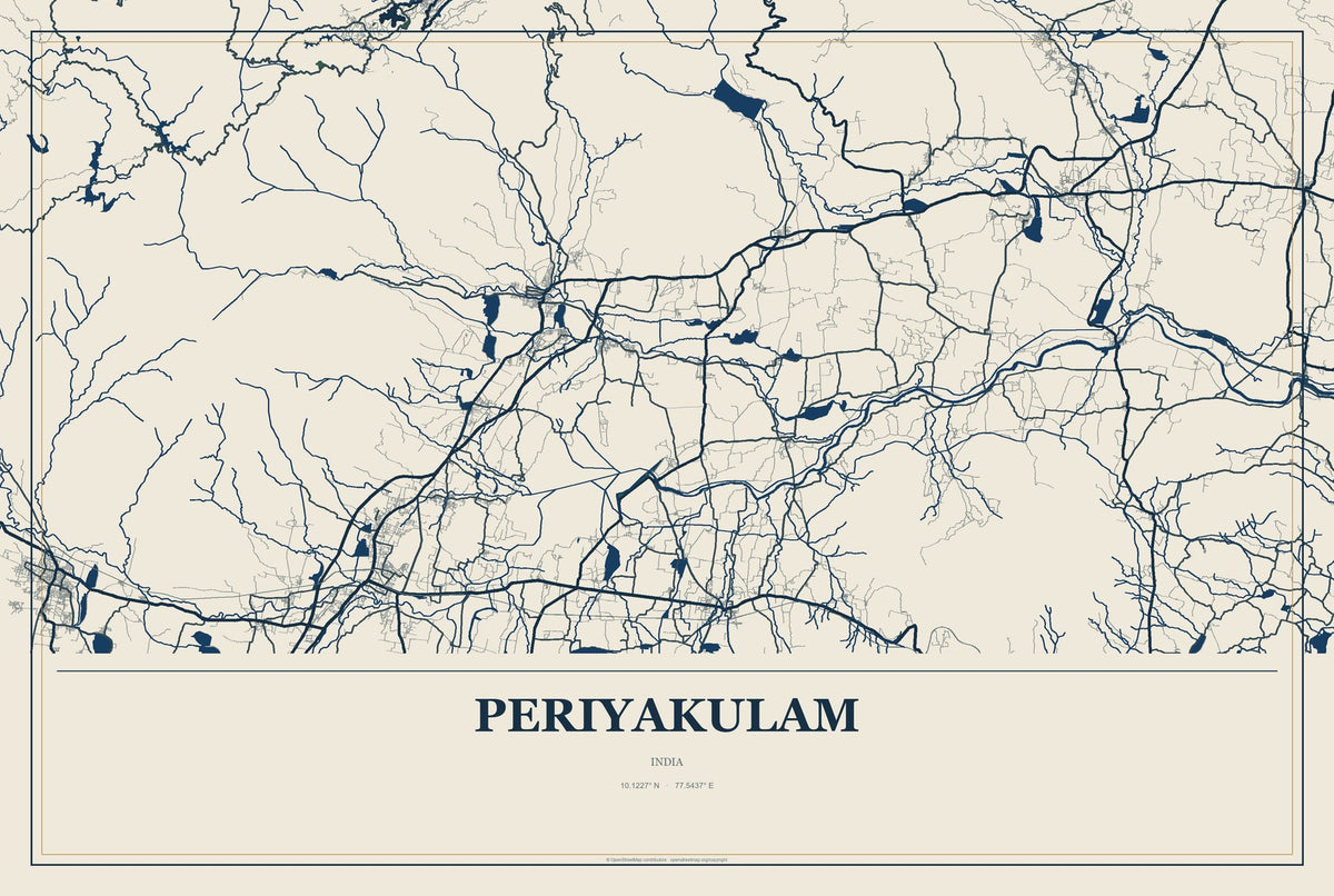 Periyakulam, India City Map Aluminum Sign in Coastal Cutout style