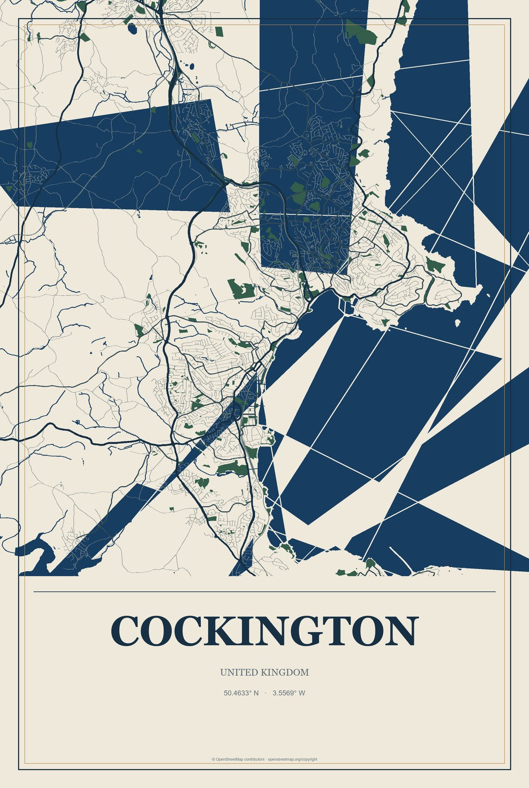 Cockington, United Kingdom City Map Aluminum Sign in Coastal Cutout style