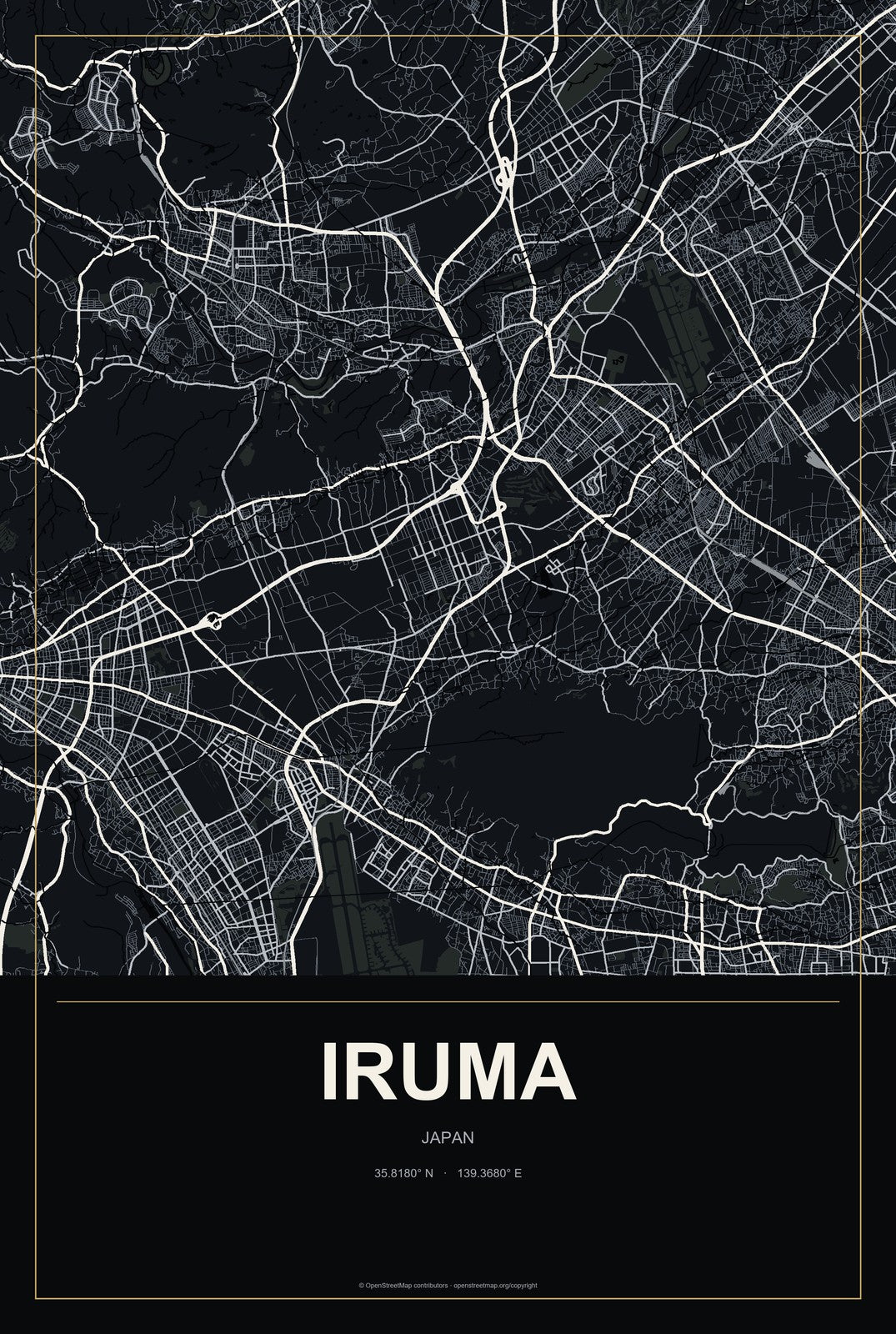 Iruma, Japan City Map Aluminum Sign in Metropolitan Noir style