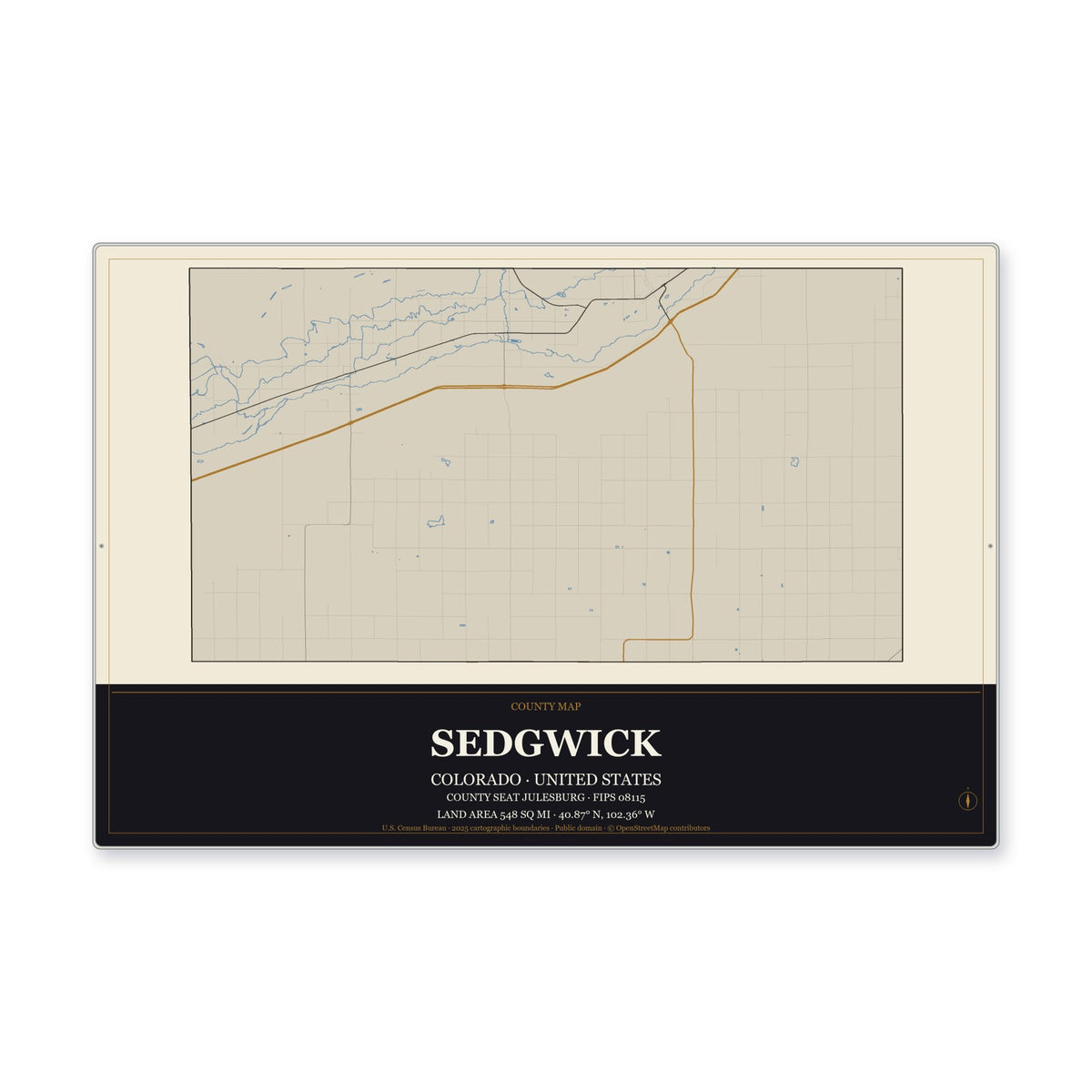 Sedgwick County, Colorado Map Aluminum Sign in Museum Plaque style