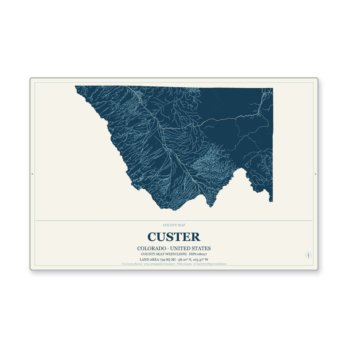 Custer County, Colorado Map Aluminum Sign in Coastal Cutout style