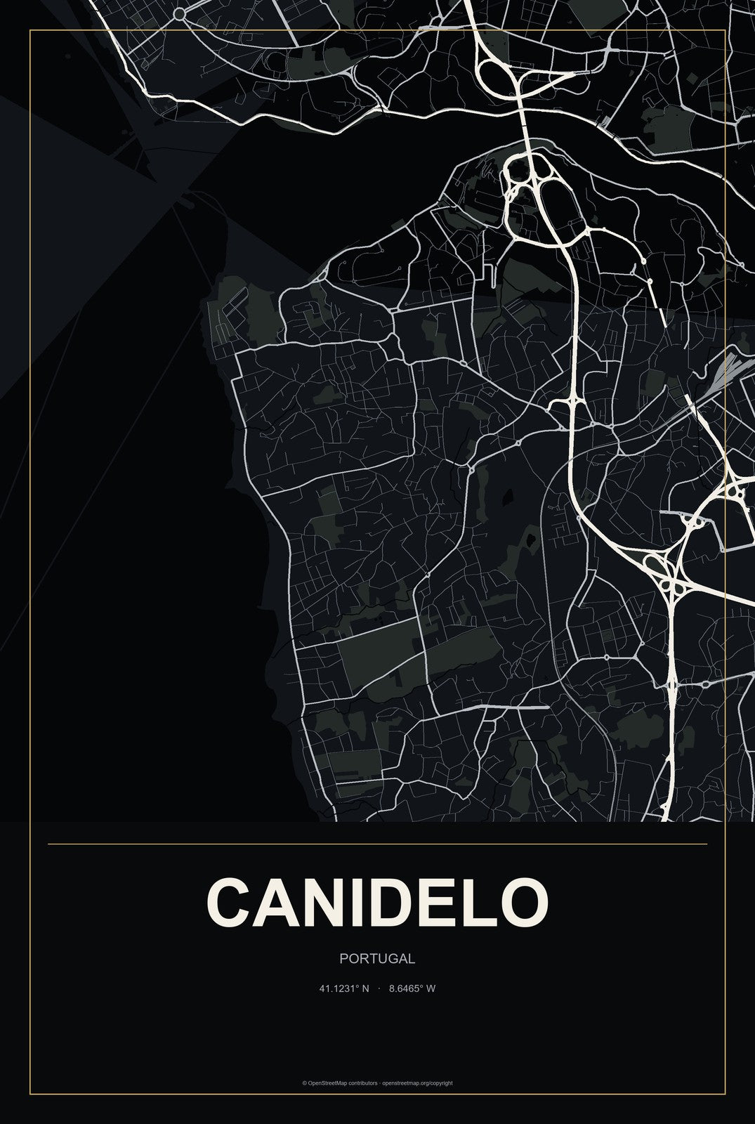 Canidelo, Portugal City Map Aluminum Sign in Metropolitan Noir style
