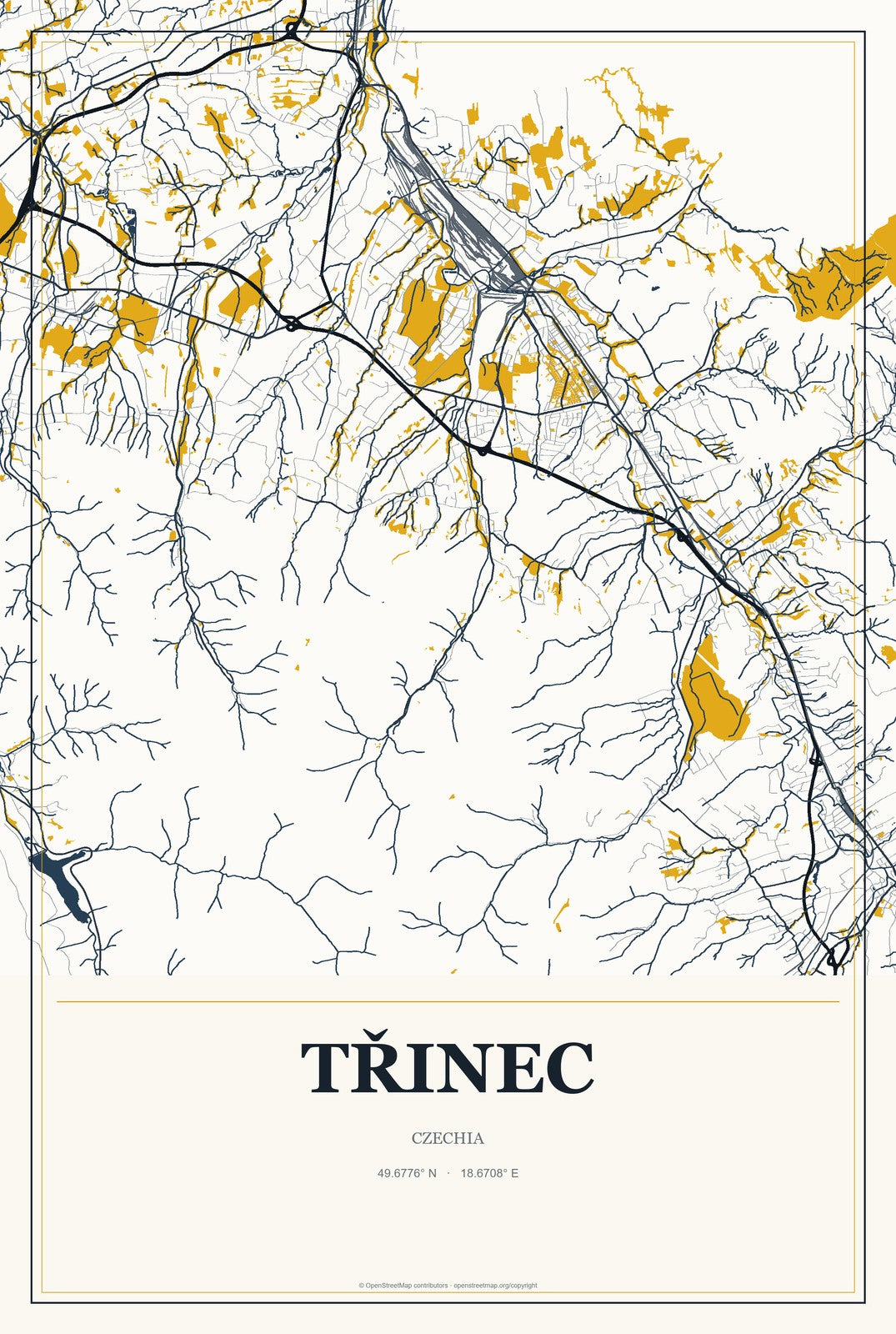 Třinec, Czechia City Map Aluminum Sign in Citrine Modern style