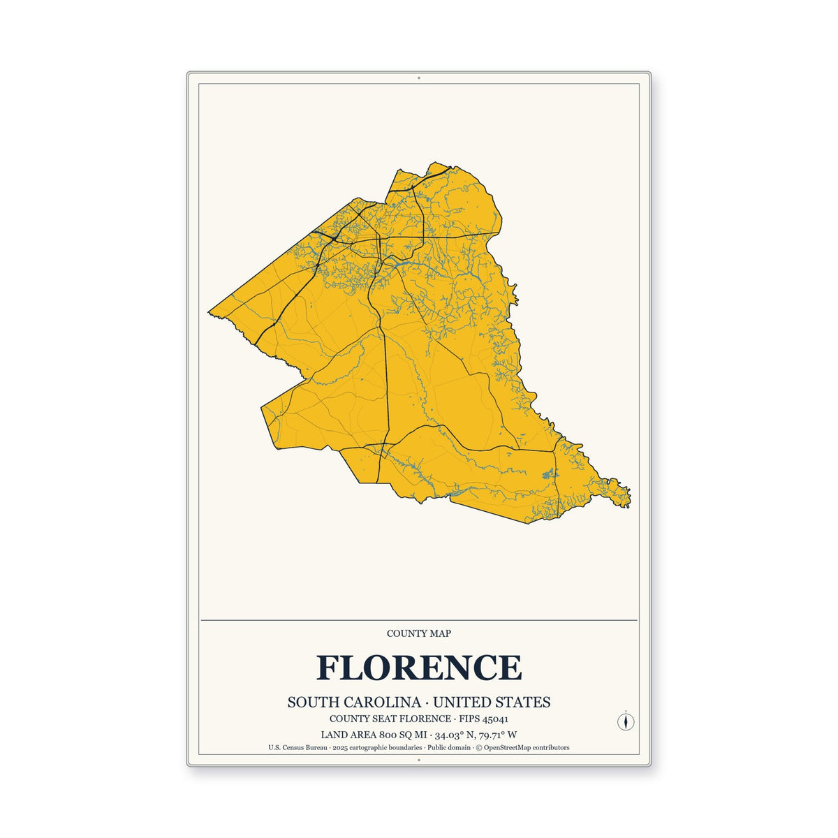 Florence County, South Carolina Map Aluminum Sign in Citrine Modern style