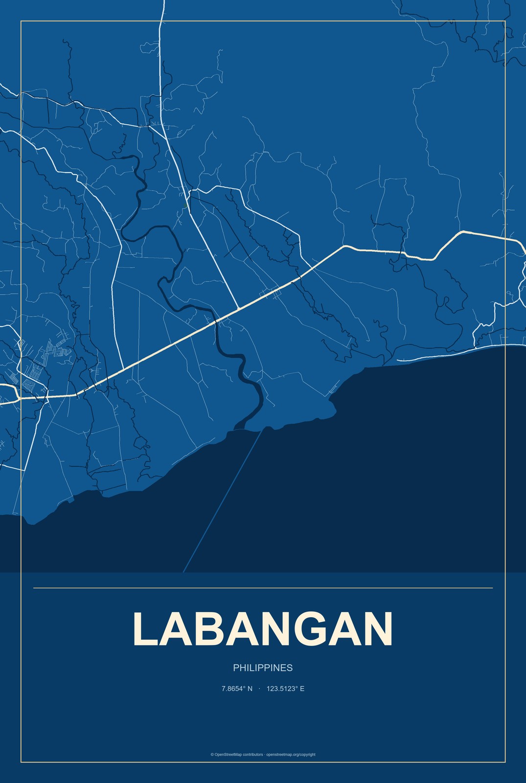 Labangan, Philippines City Map Aluminum Sign in Harbor Cobalt style