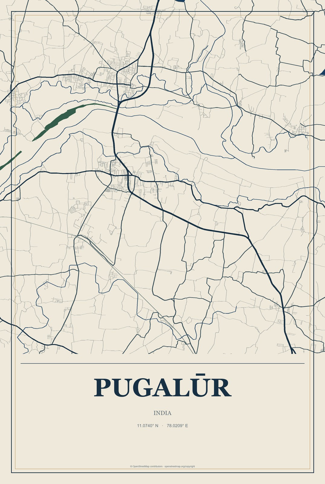 Pugalūr, India City Map Aluminum Sign in Coastal Cutout style