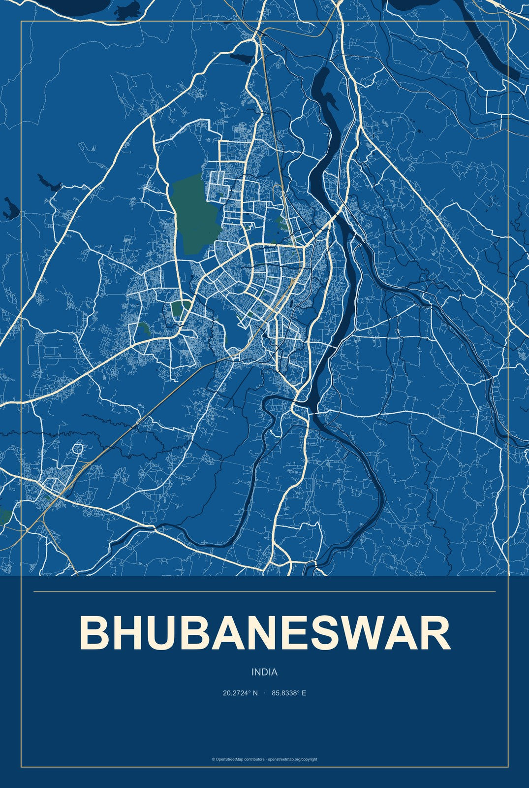 Bhubaneswar, India City Map Aluminum Sign in Harbor Cobalt style