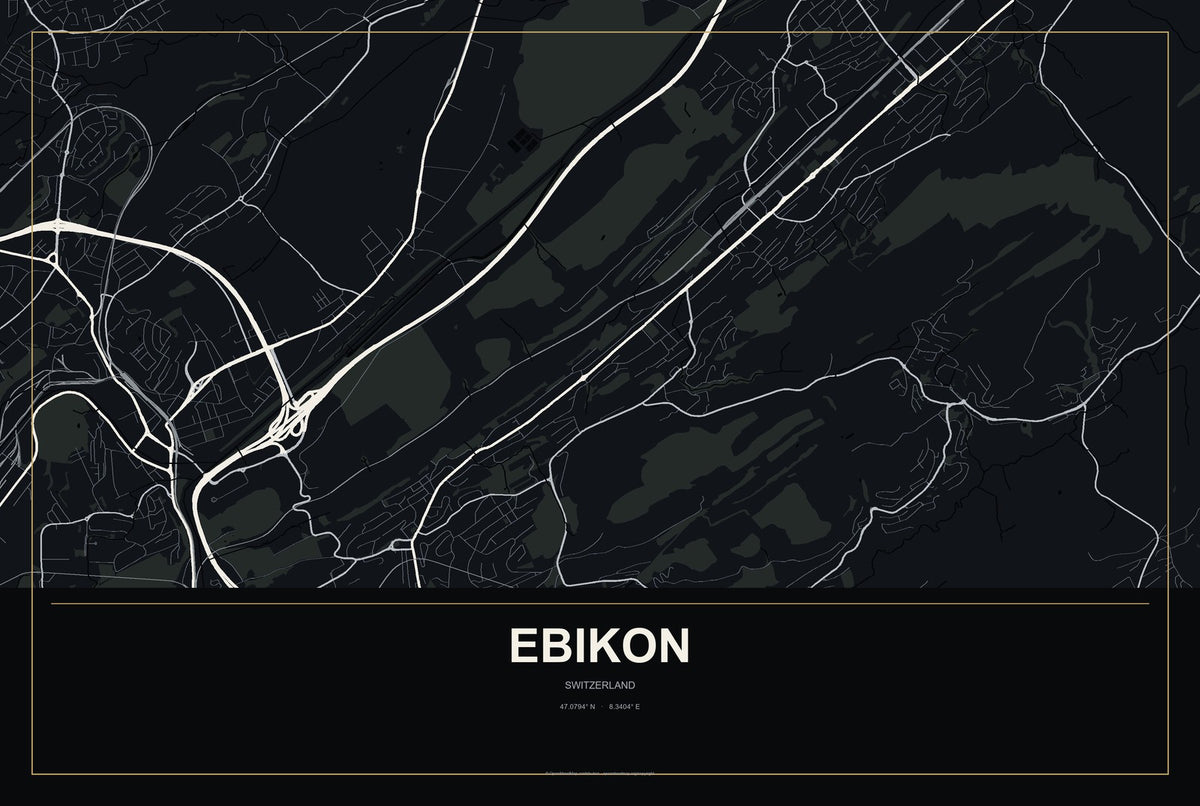 Ebikon, Switzerland City Map Aluminum Sign in Metropolitan Noir style