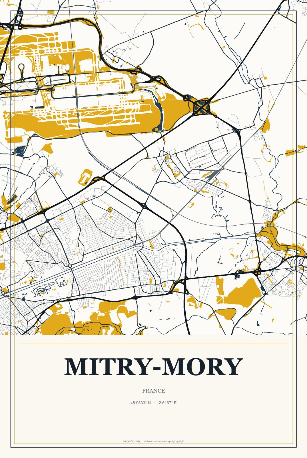 Mitry-Mory, France City Map Aluminum Sign in Citrine Modern style