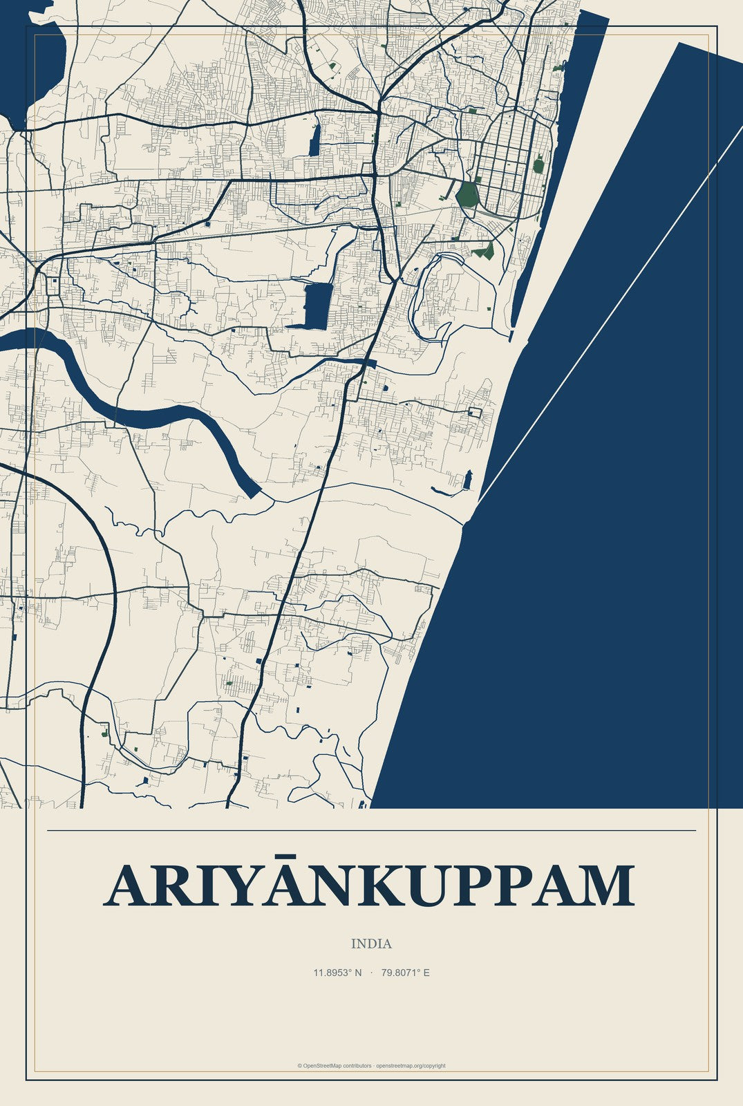 Ariyānkuppam, India City Map Aluminum Sign in Coastal Cutout style