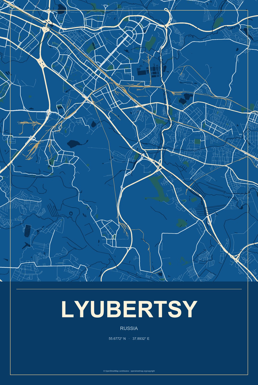 Lyubertsy, Russia City Map Aluminum Sign in Harbor Cobalt style