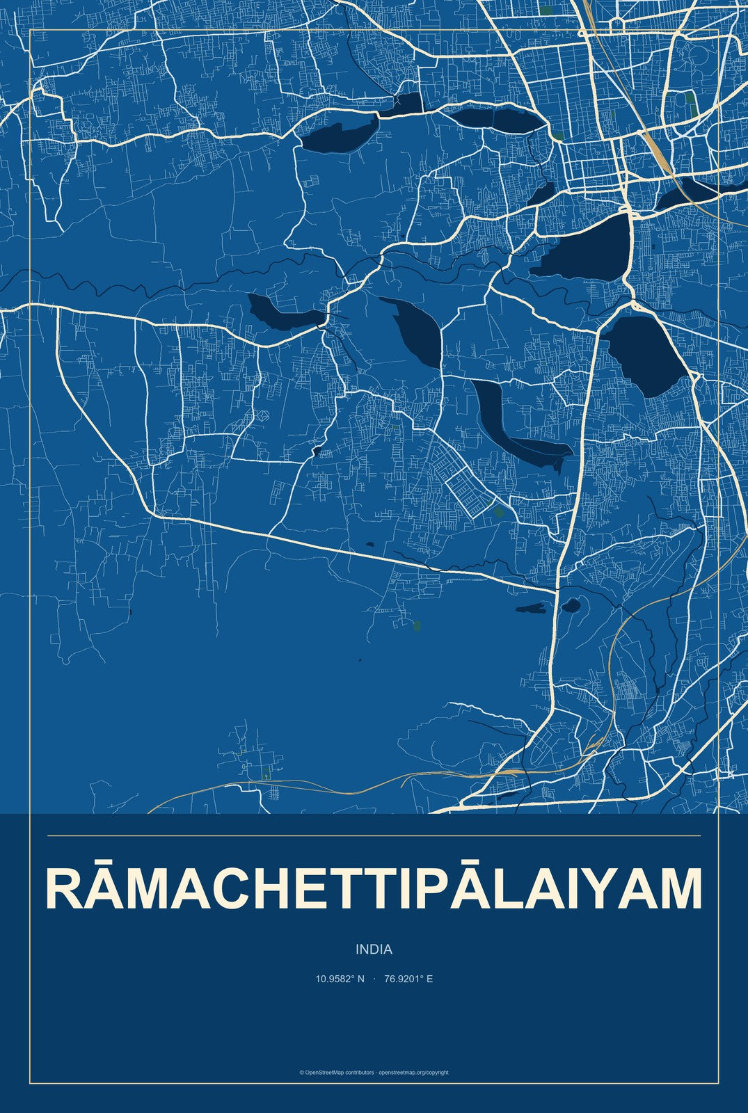 Rāmachettipālaiyam, India City Map Aluminum Sign in Harbor Cobalt style