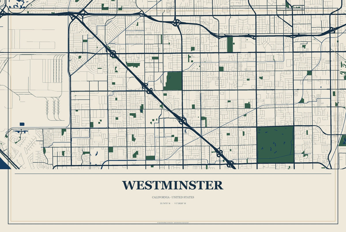 Westminster, California City Map Aluminum Sign in Coastal Cutout style