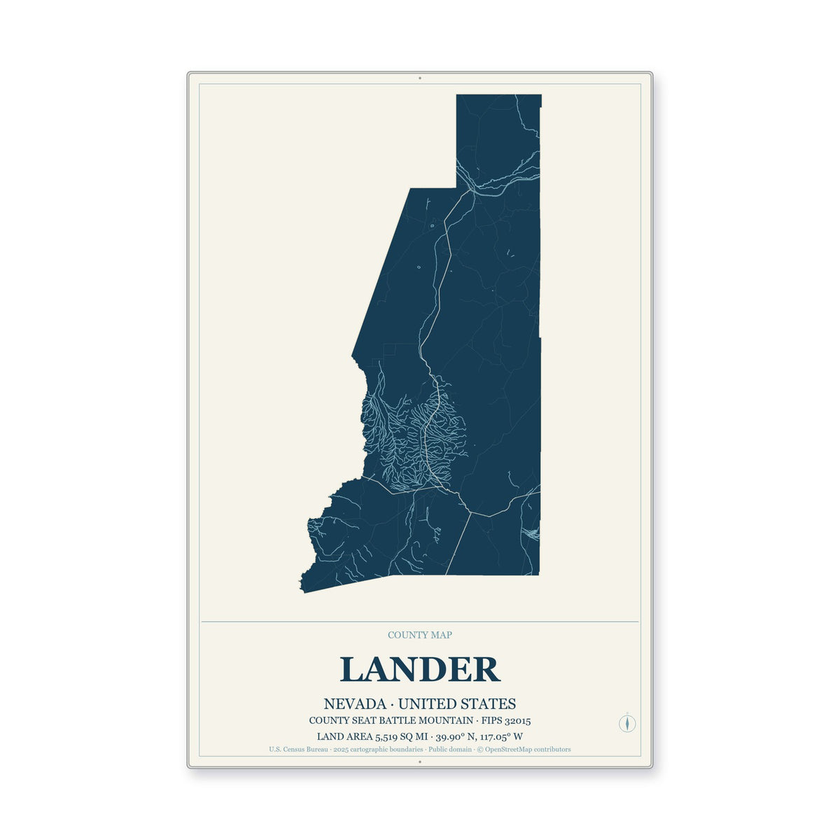 Lander County, Nevada Map Aluminum Sign in Coastal Cutout style