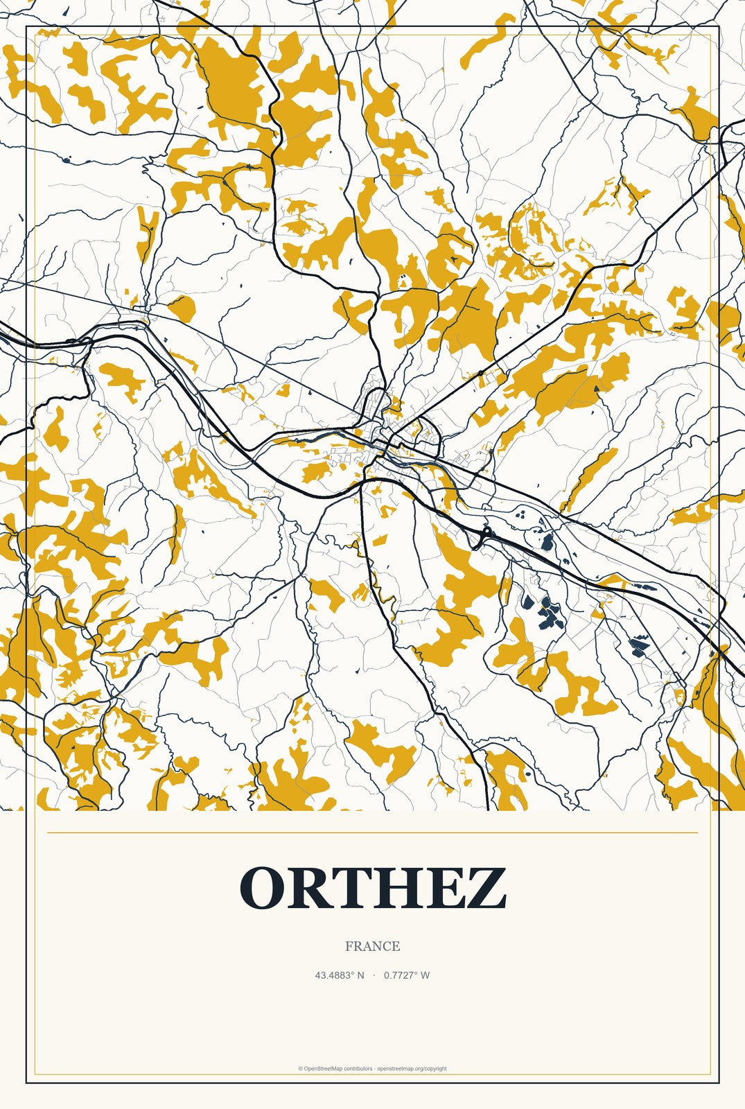Orthez, France City Map Aluminum Sign in Citrine Modern style
