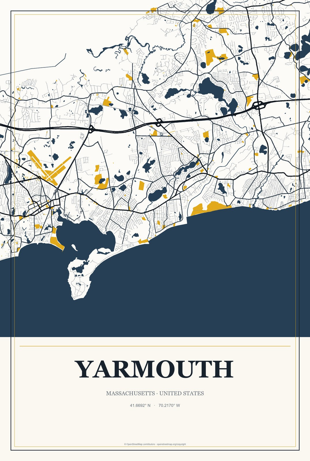 Yarmouth, Massachusetts City Map Aluminum Sign in Citrine Modern style