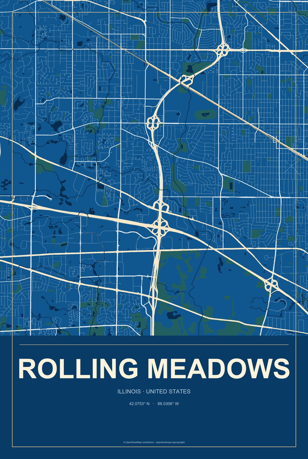 Rolling Meadows, Illinois City Map Aluminum Sign in Harbor Cobalt style