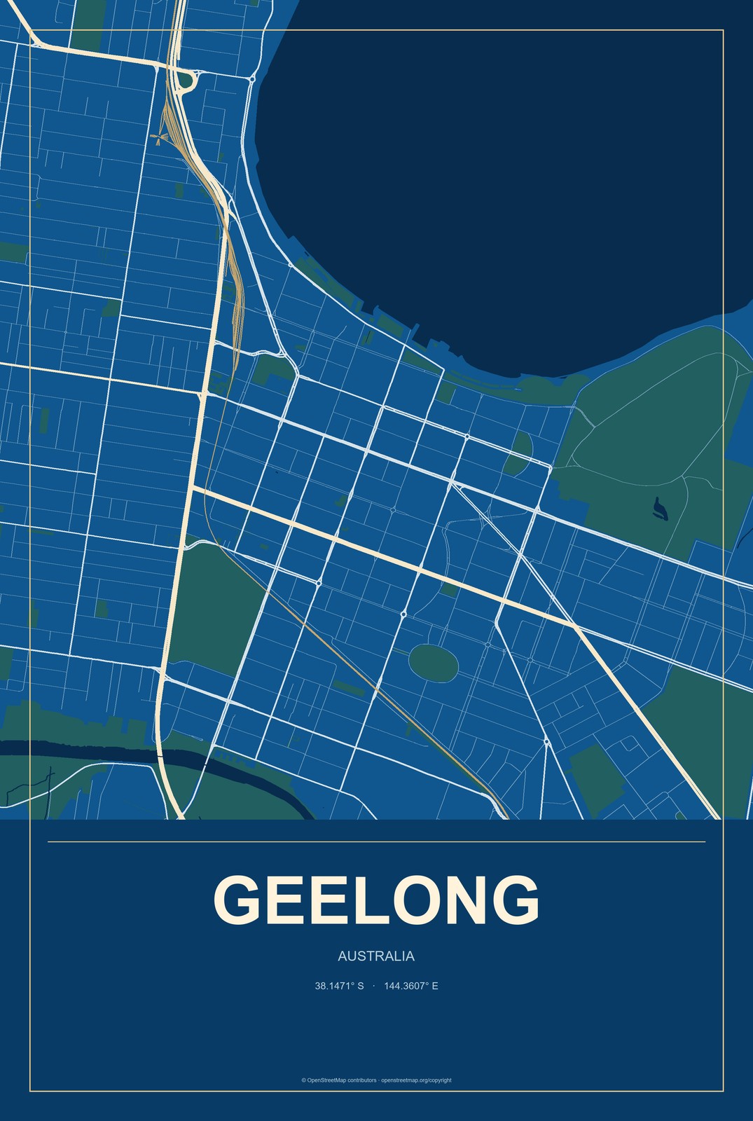 Geelong, Australia City Map Aluminum Sign in Harbor Cobalt style
