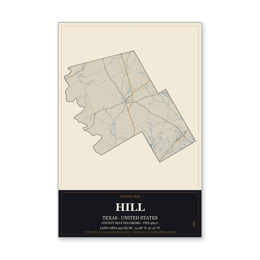 Hill County, Texas Map Aluminum Sign in Museum Plaque style