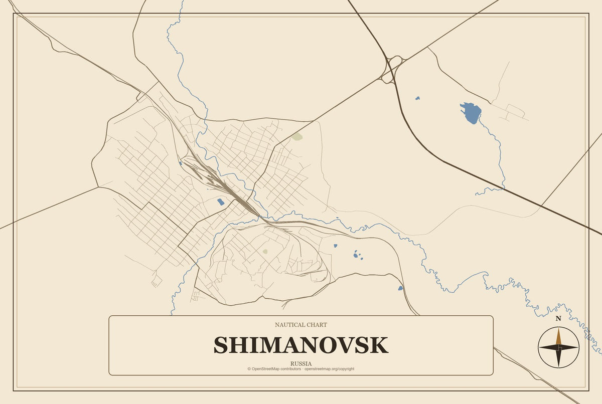 Shimanovsk, Russia City Map Aluminum Sign in Heritage Nautical style