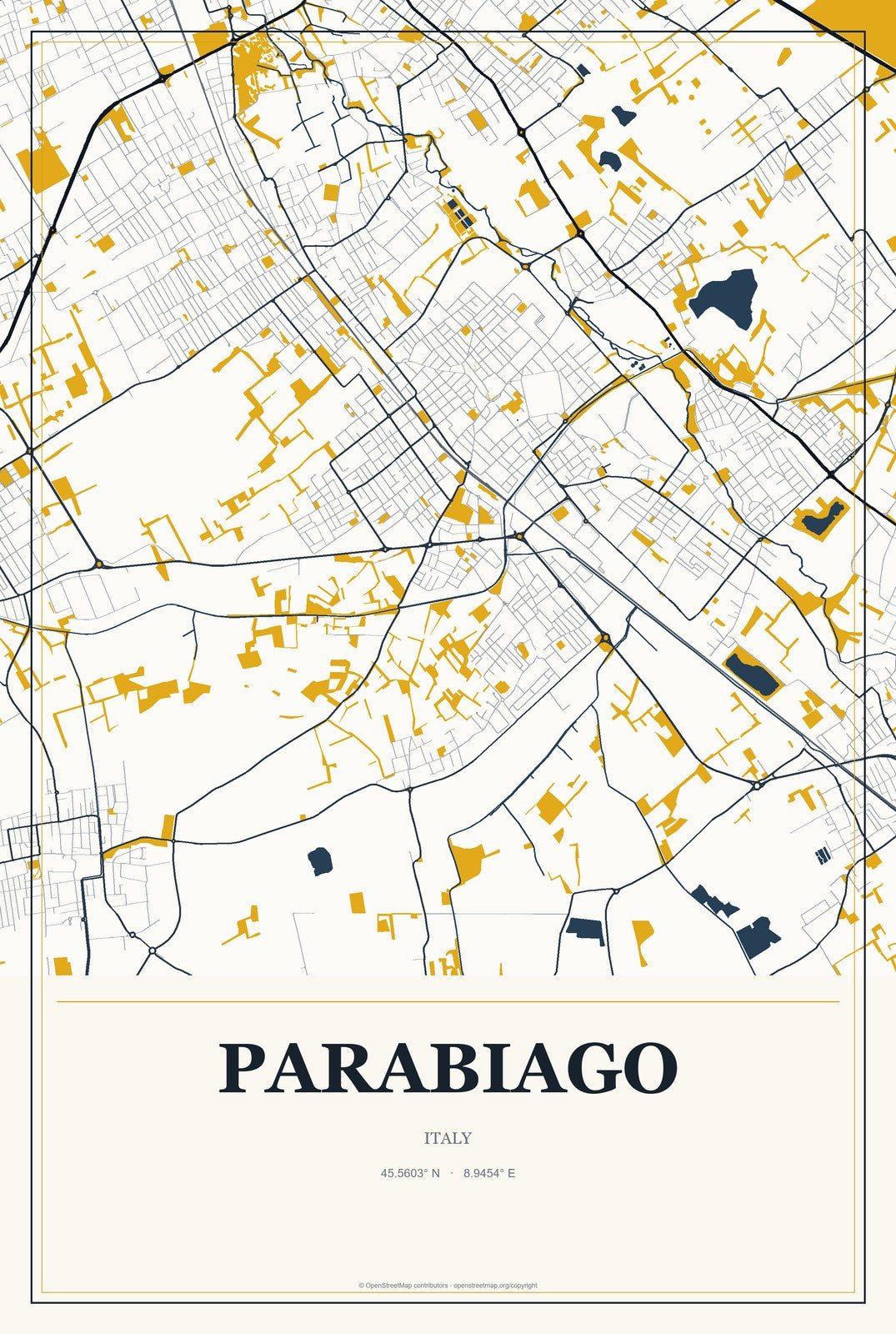Parabiago, Italy City Map Aluminum Sign in Citrine Modern style