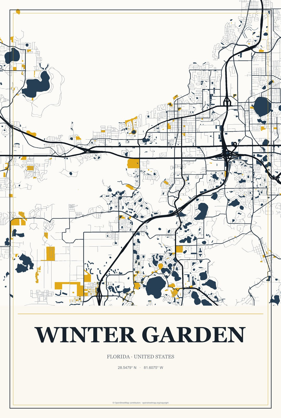 Winter Garden, Florida City Map Aluminum Sign in Citrine Modern style