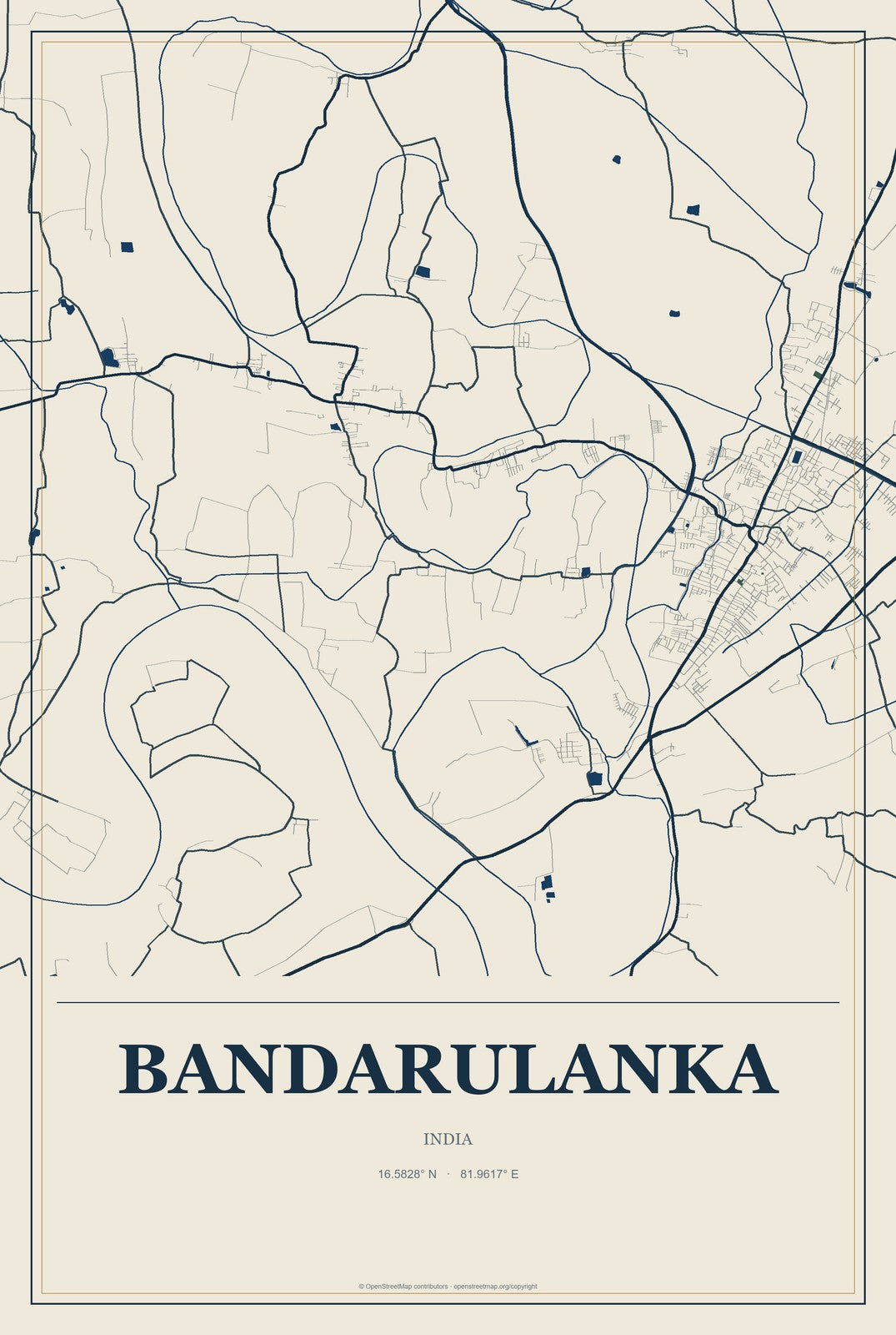 Bandarulanka, India City Map Aluminum Sign in Coastal Cutout style