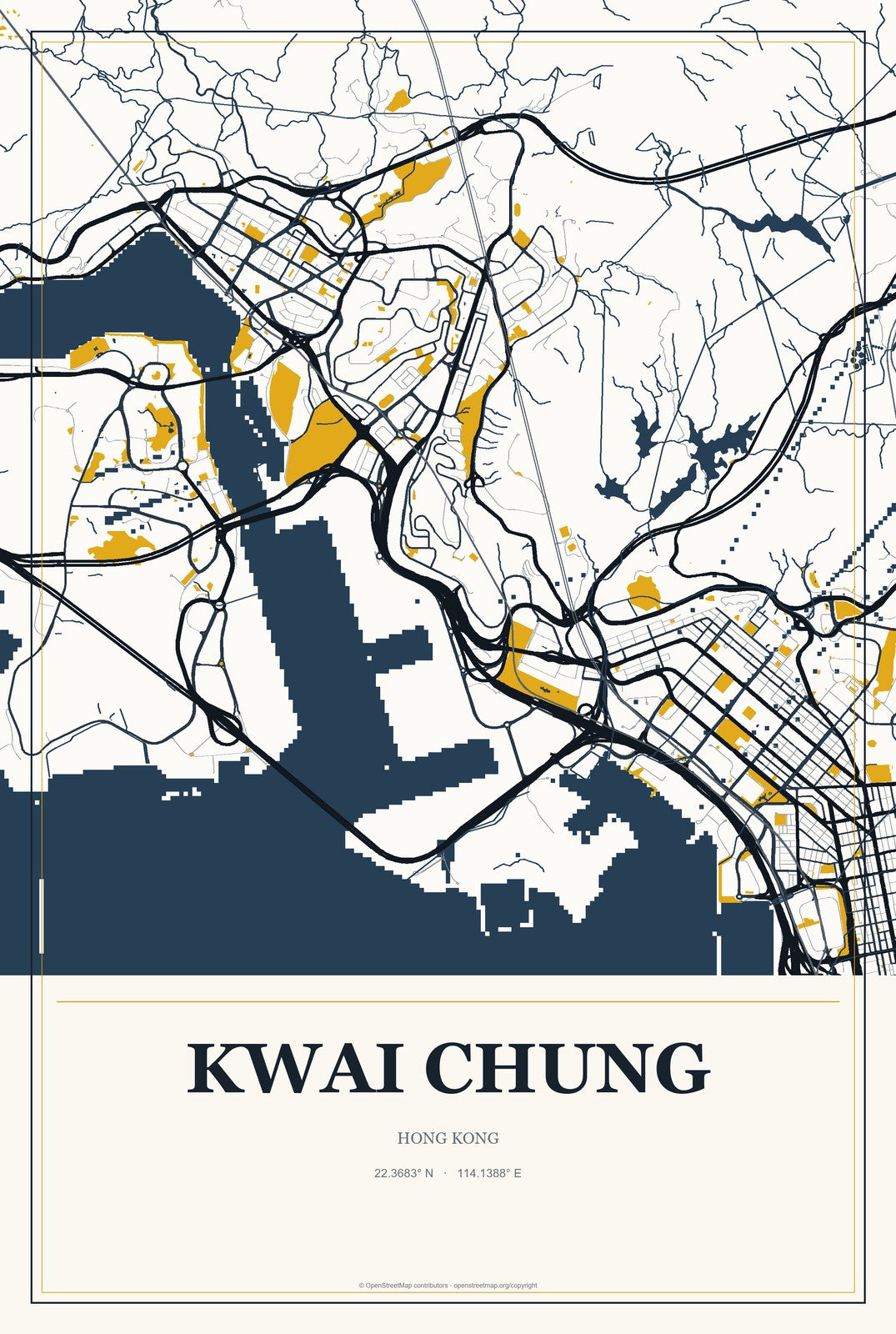 Kwai Chung, Hong Kong City Map Aluminum Sign in Citrine Modern style