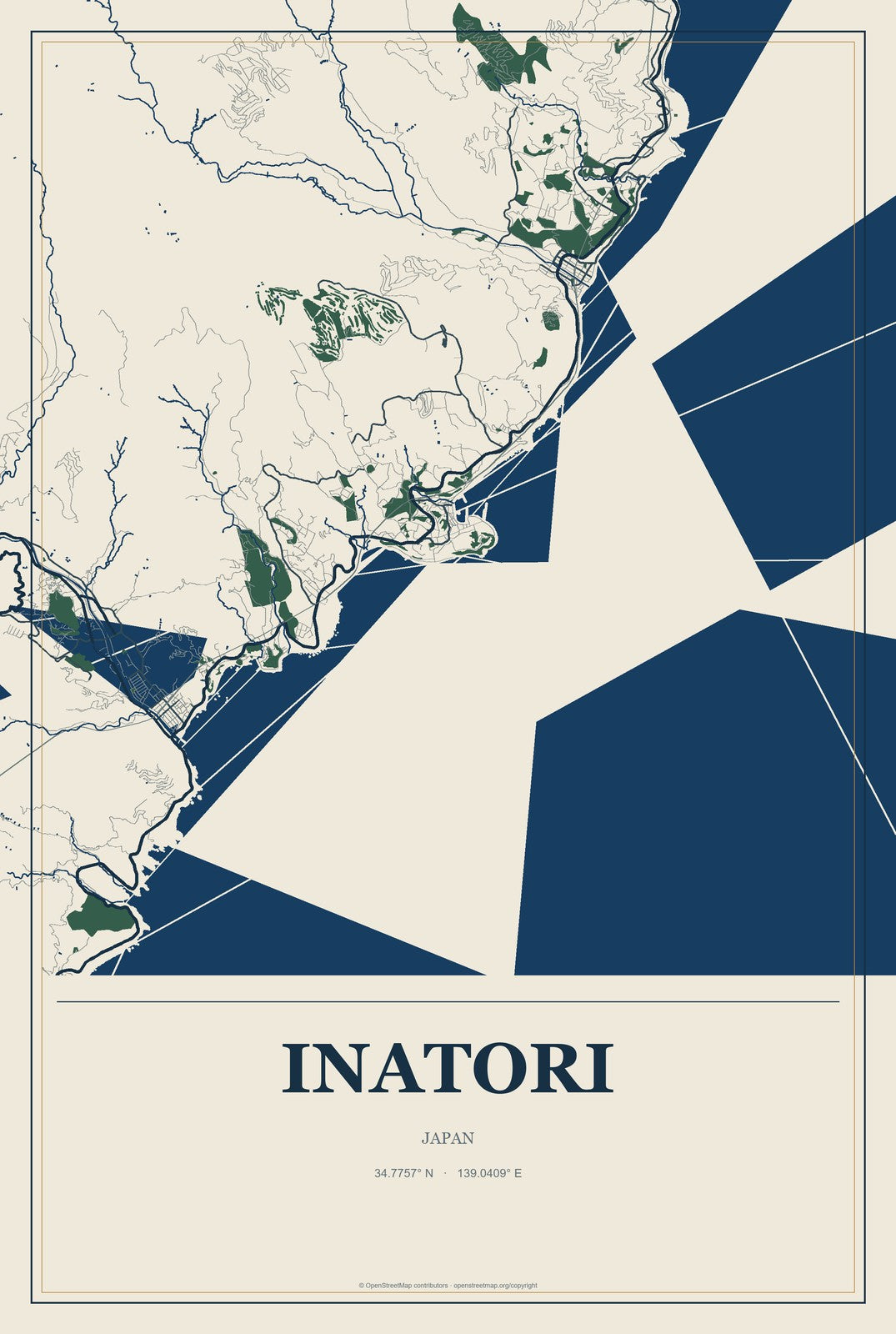 Inatori, Japan City Map Aluminum Sign in Coastal Cutout style