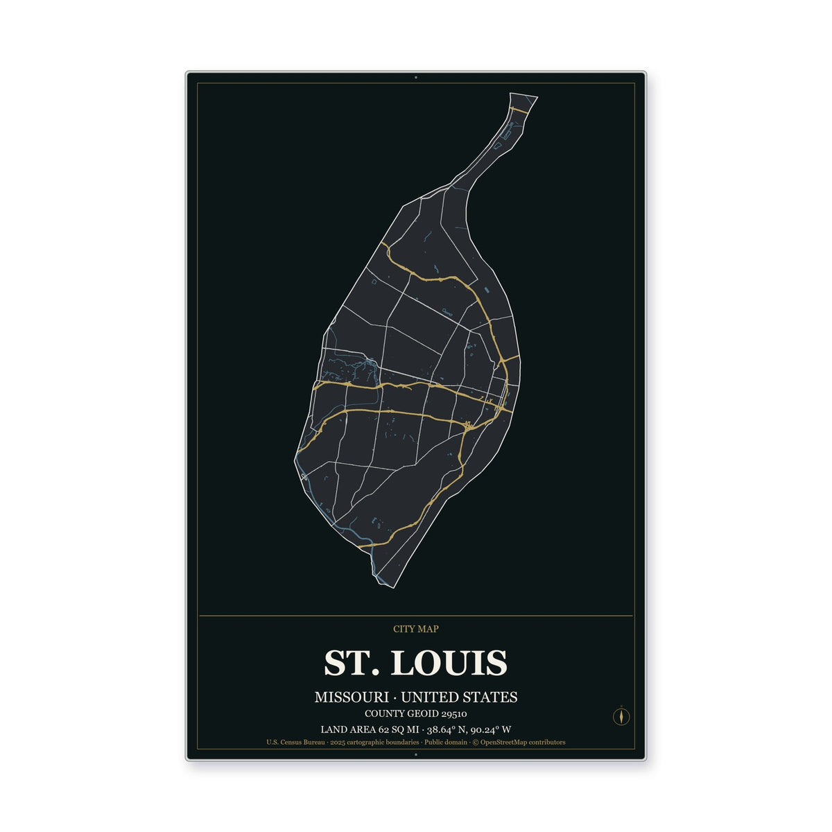 St. Louis city, Missouri Map Aluminum Sign in Metropolitan Noir style