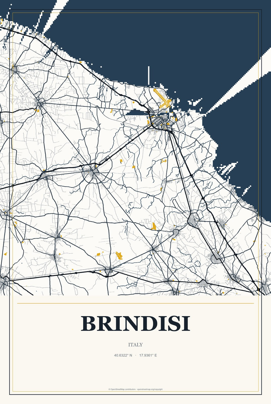 Brindisi, Italy City Map Aluminum Sign in Citrine Modern style