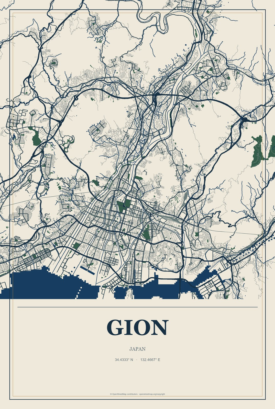 Gion, Japan City Map Aluminum Sign in Coastal Cutout style
