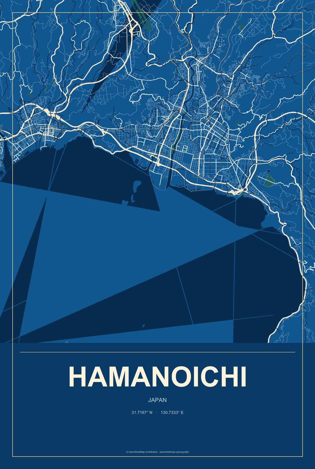 Hamanoichi, Japan City Map Aluminum Sign in Harbor Cobalt style