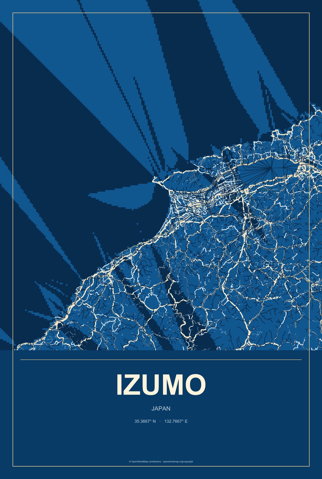 Izumo, Japan City Map Aluminum Sign in Harbor Cobalt style