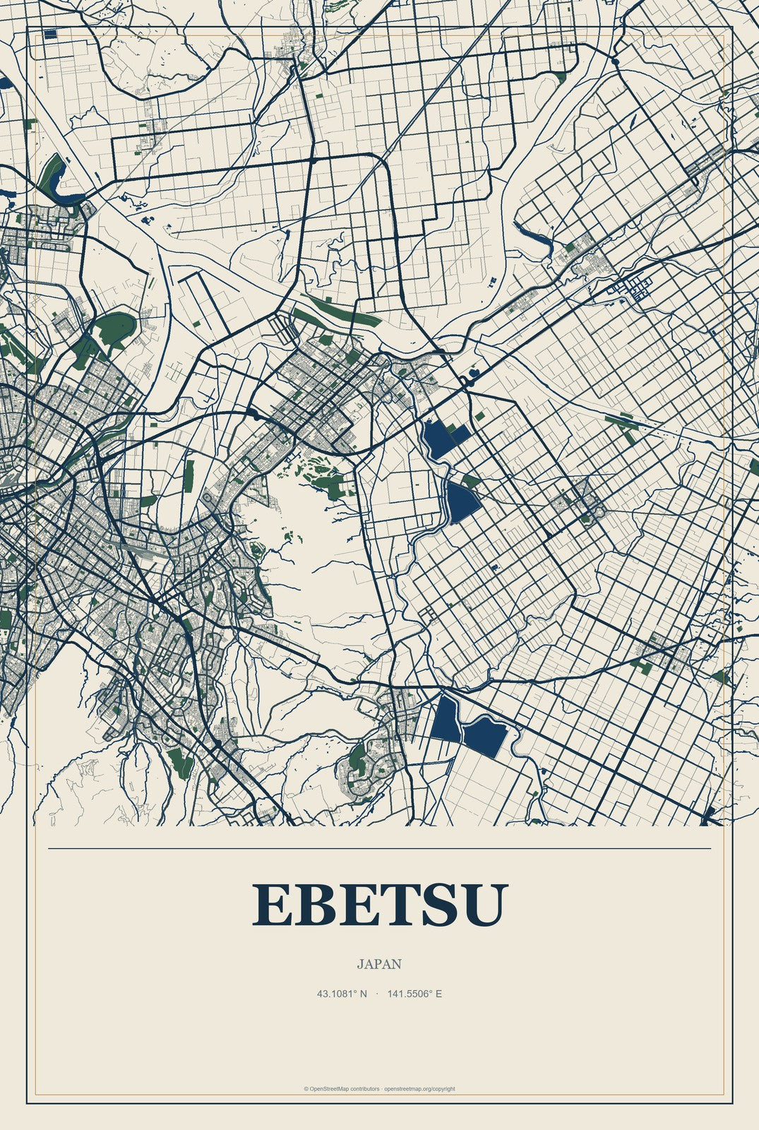 Ebetsu, Japan City Map Aluminum Sign in Coastal Cutout style